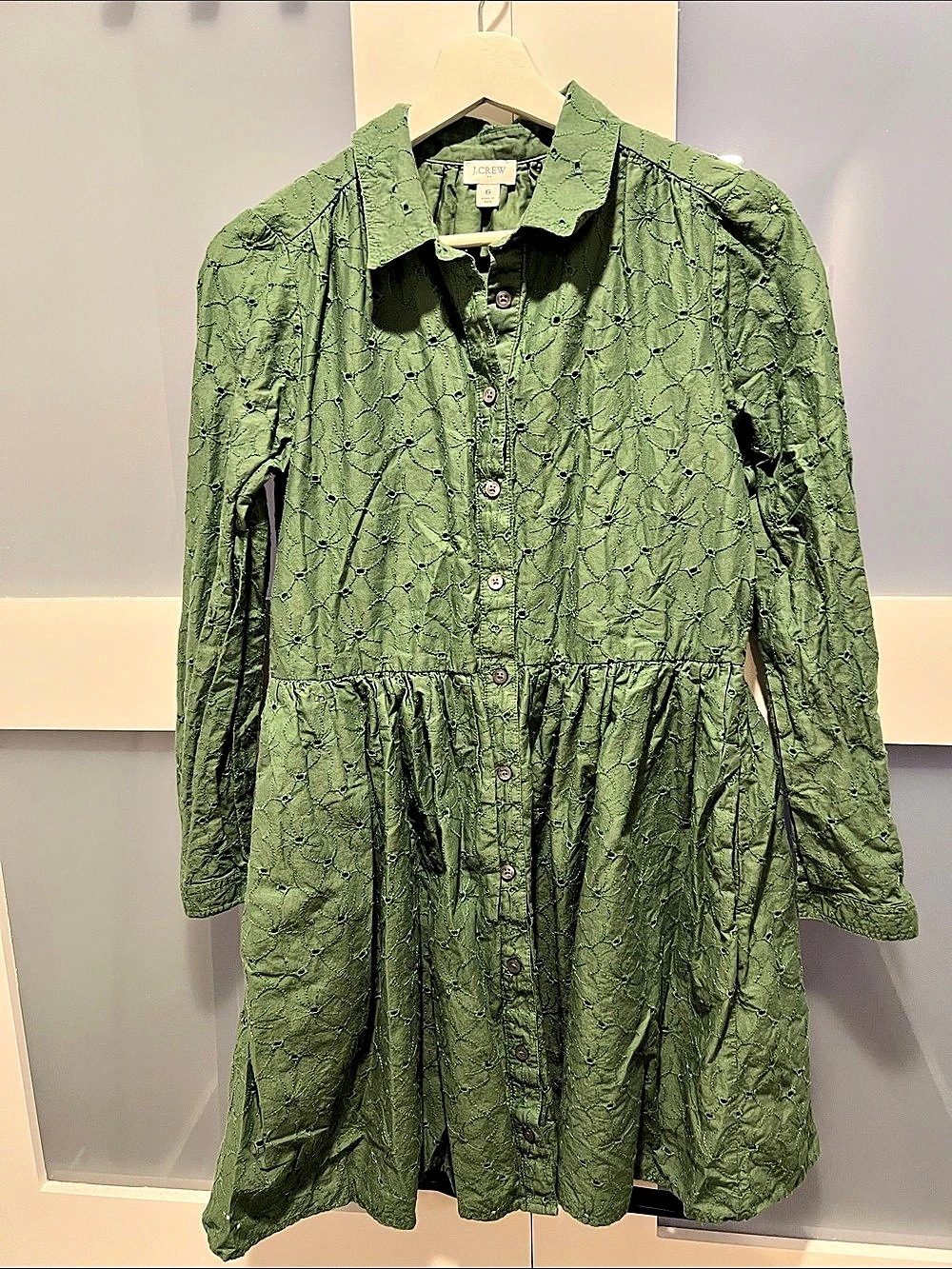 J.Crew Eyelet Shirt-Dress Green Mini Dress Size 6